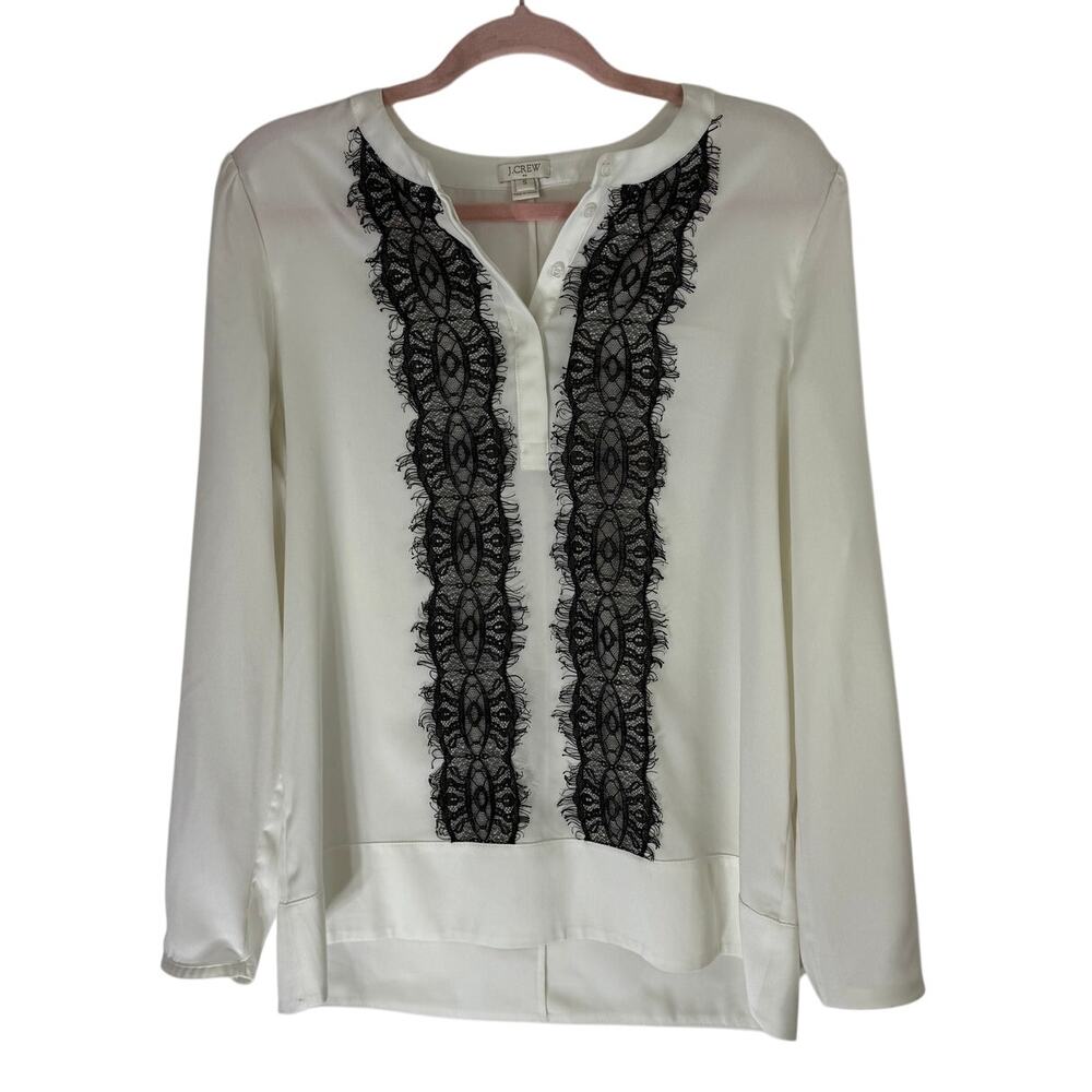 J Crew Ivory w/ Black Lace Long Sleeve Pullover Lightweight Blouse Top Size S - Picture 1 of 9